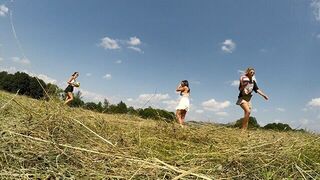 No Panties No Bra Girls Play Outdoors in the Wild to show Boobs and Pussy on a Summer Day - porn video